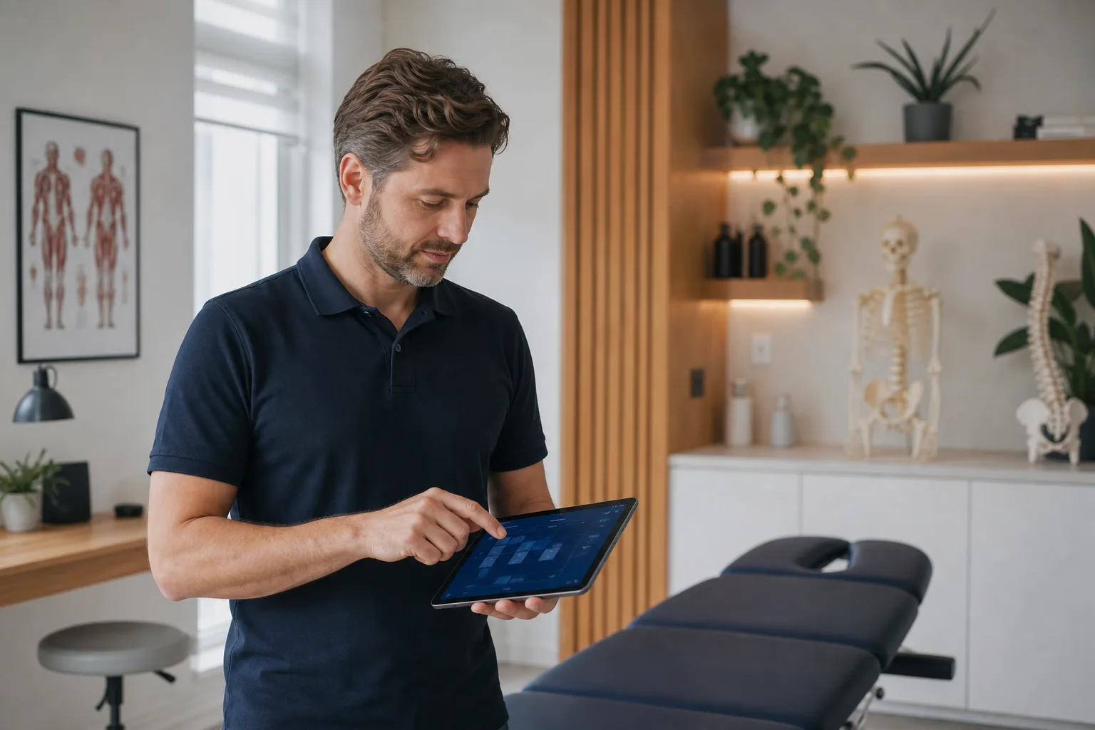 Ostéopathe consultant son tableau de bord sur une tablette