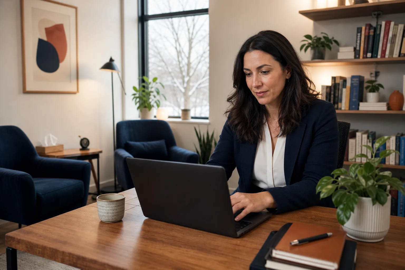 Psychologue consultant son horaire sur un ordinateur dans son bureau
